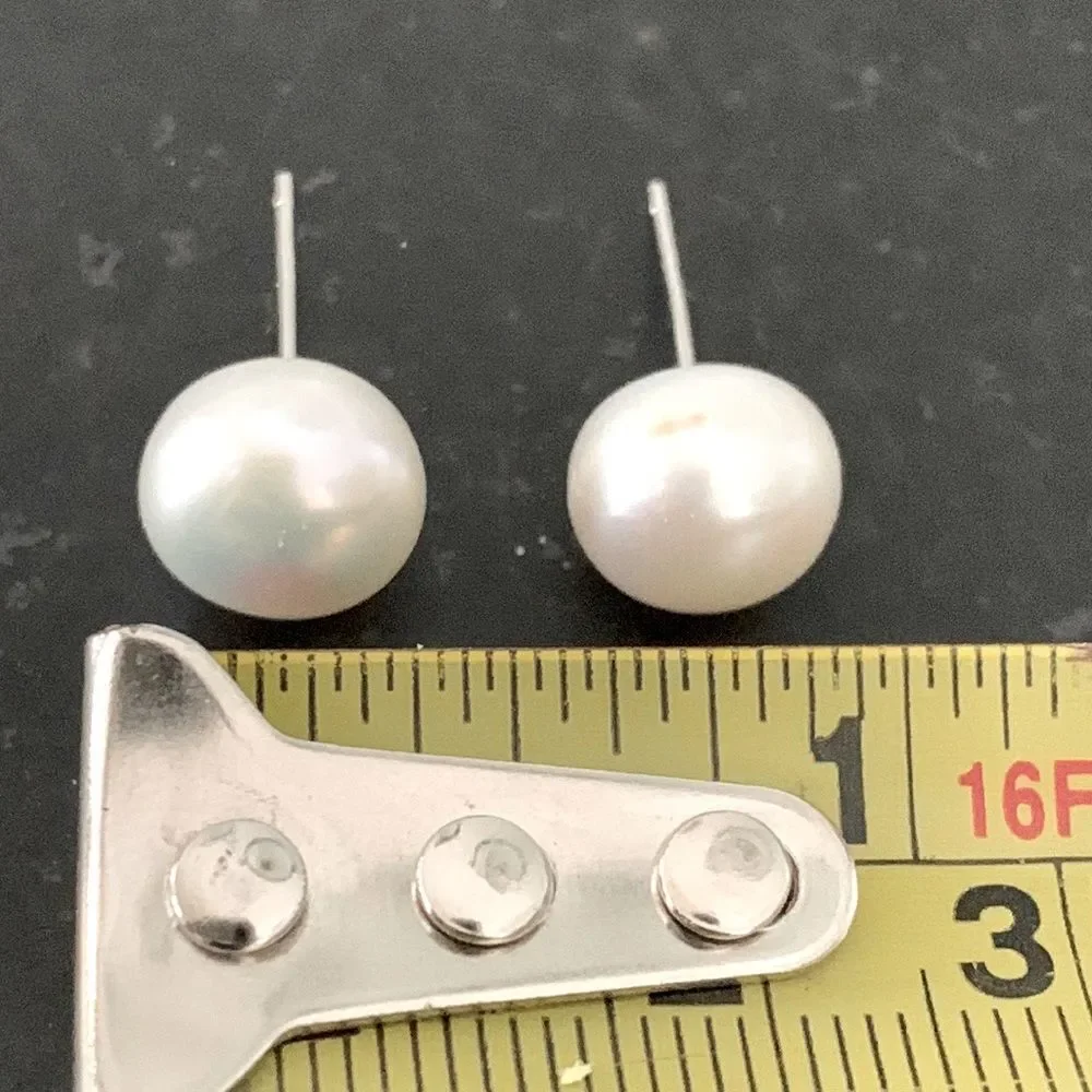 Men’s Large Freshwater Pearl Stud Earrings Silver Tone - 9-10mm